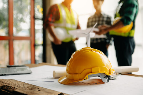 Engineer teams meeting working together wear worker helmets hardhat on construction site in modern city.